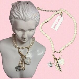 Betsey Johnson Faux Pearl Heart Charm Crystal Butterfly Pave Safety Pin Necklace